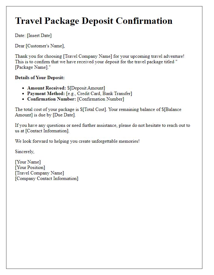 Letter template of travel package deposit confirmation