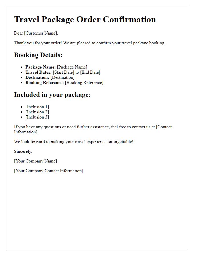 Letter template of travel package order confirmation