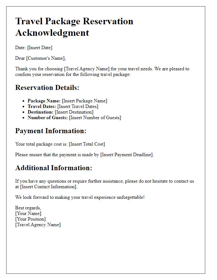 Letter template of travel package reservation acknowledgment