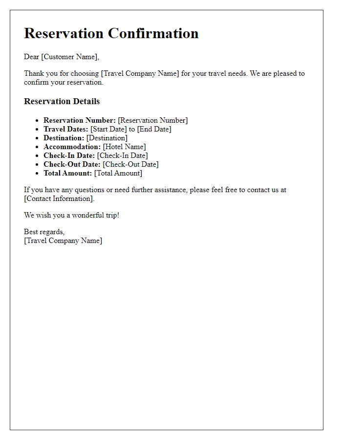 Letter template of travel services reservation confirmation