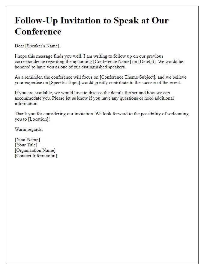 Letter template of follow-up invitation for conference speakers