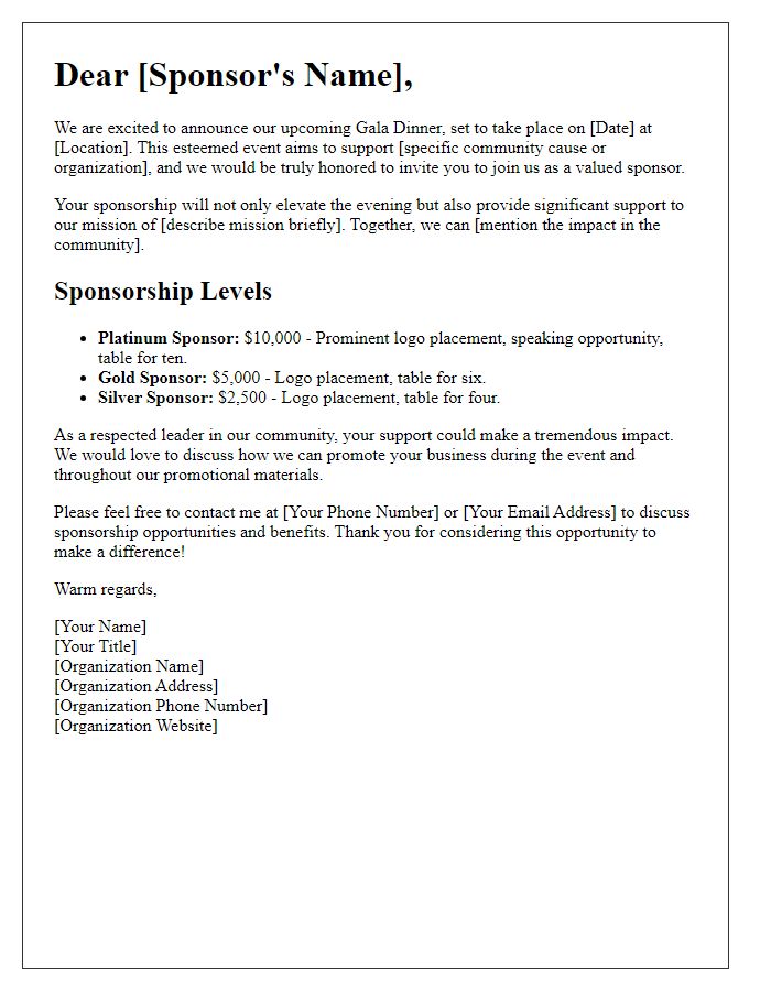 Letter template of gala dinner sponsorship appeal for community organizations