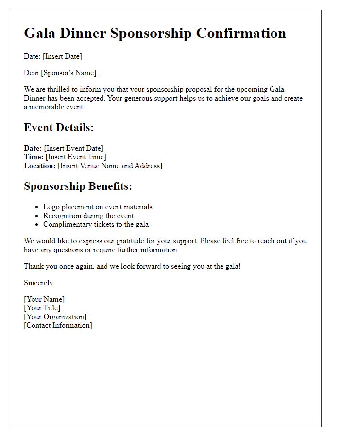 Letter template of gala dinner sponsorship confirmation for accepted sponsors