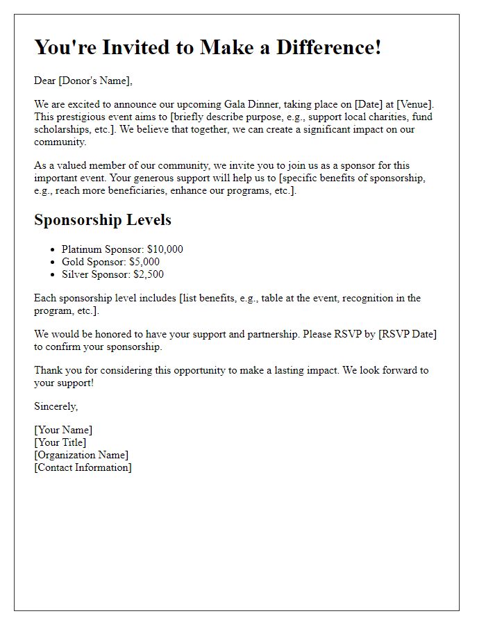 Letter template of gala dinner sponsorship invitation for potential donors