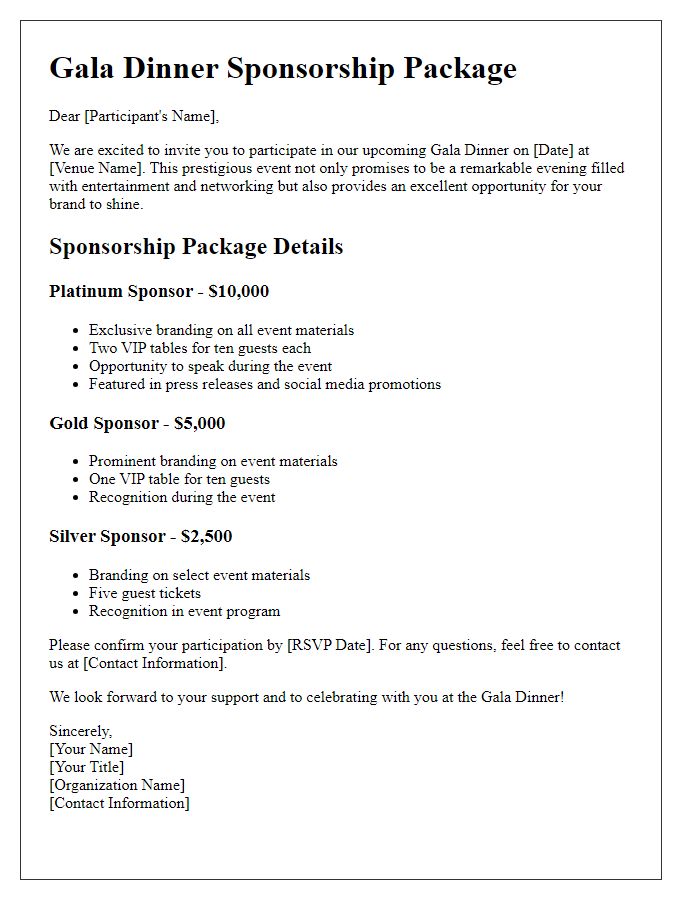 Letter template of gala dinner sponsorship package details for participants