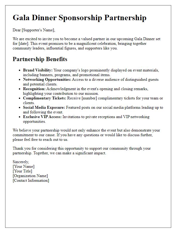 Letter template of gala dinner sponsorship partnership benefits for supporters