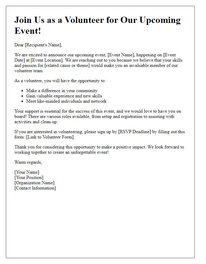 Letter template of Call to Action for Event Volunteers