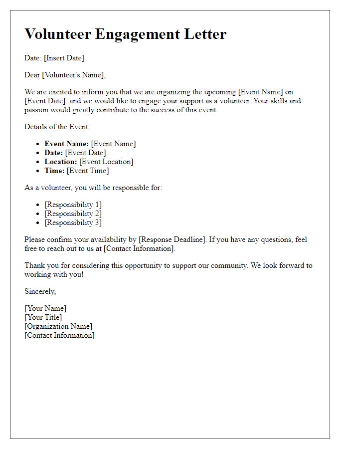 Letter template of Engagement for Volunteer Support at Upcoming Event