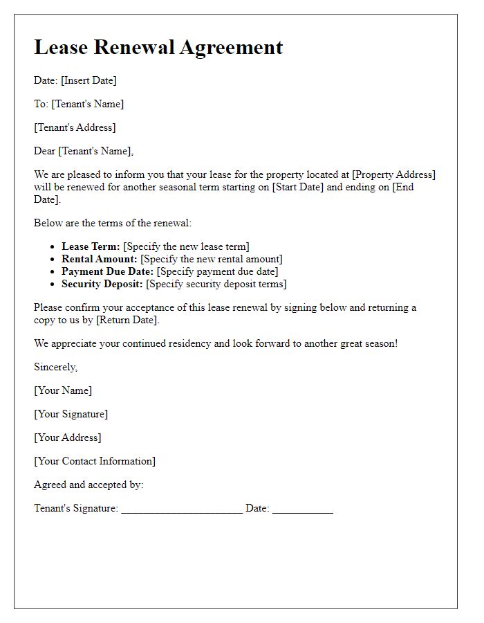 Letter template of agreement to renew lease for seasonal rentals