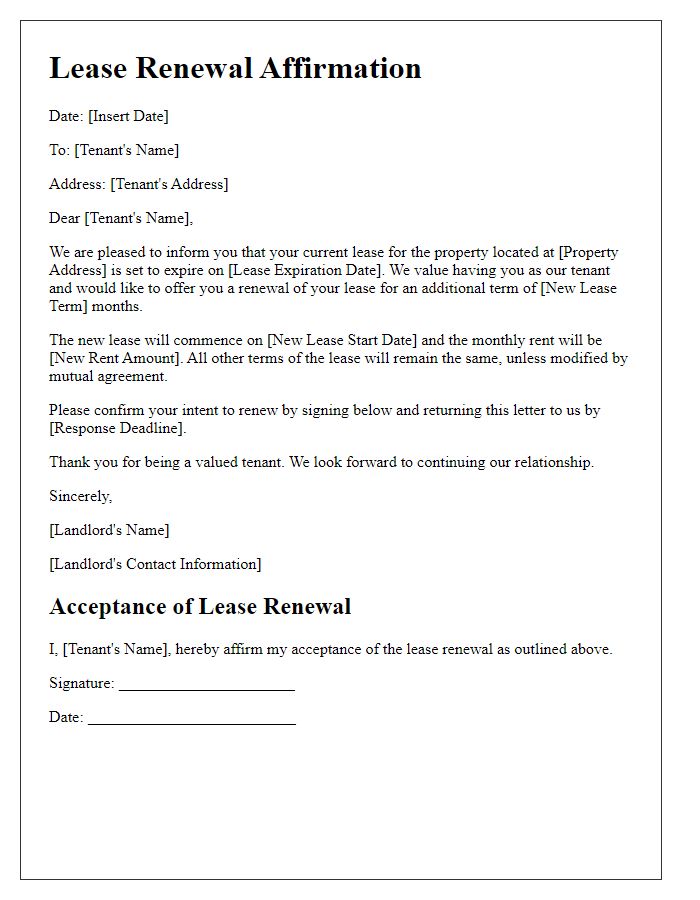 Letter template of lease renewal affirmation for existing tenants