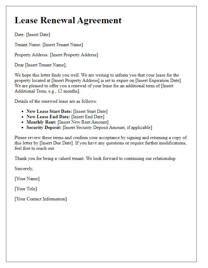 Letter template of lease renewal agreement for residential tenants