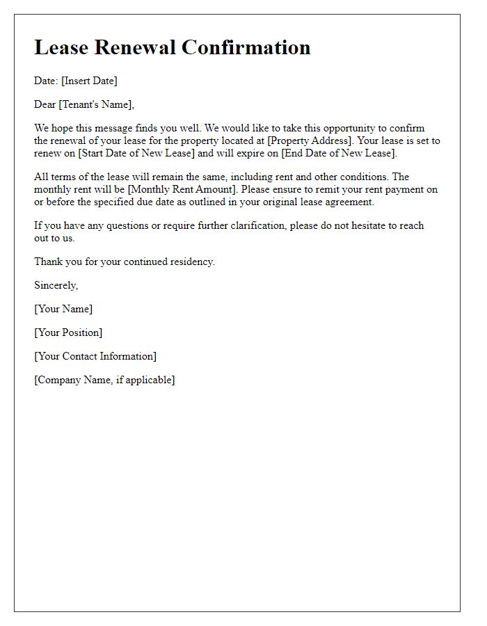 Letter template of notification for lease renewal confirmation