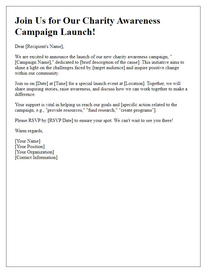 Letter template of campaign launch for charity awareness.