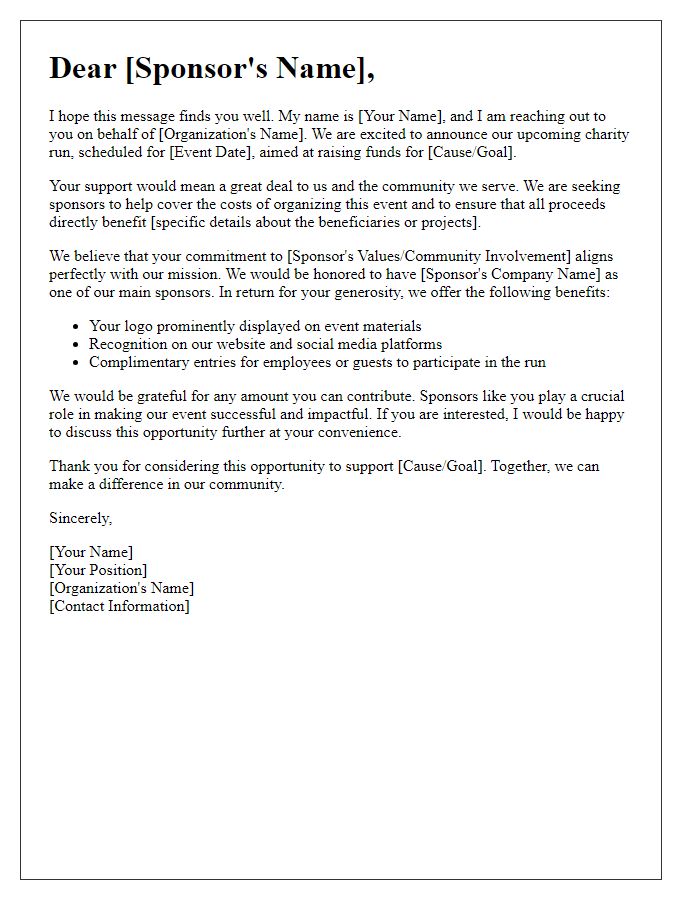 Letter template of sponsorship appeal for charity run.