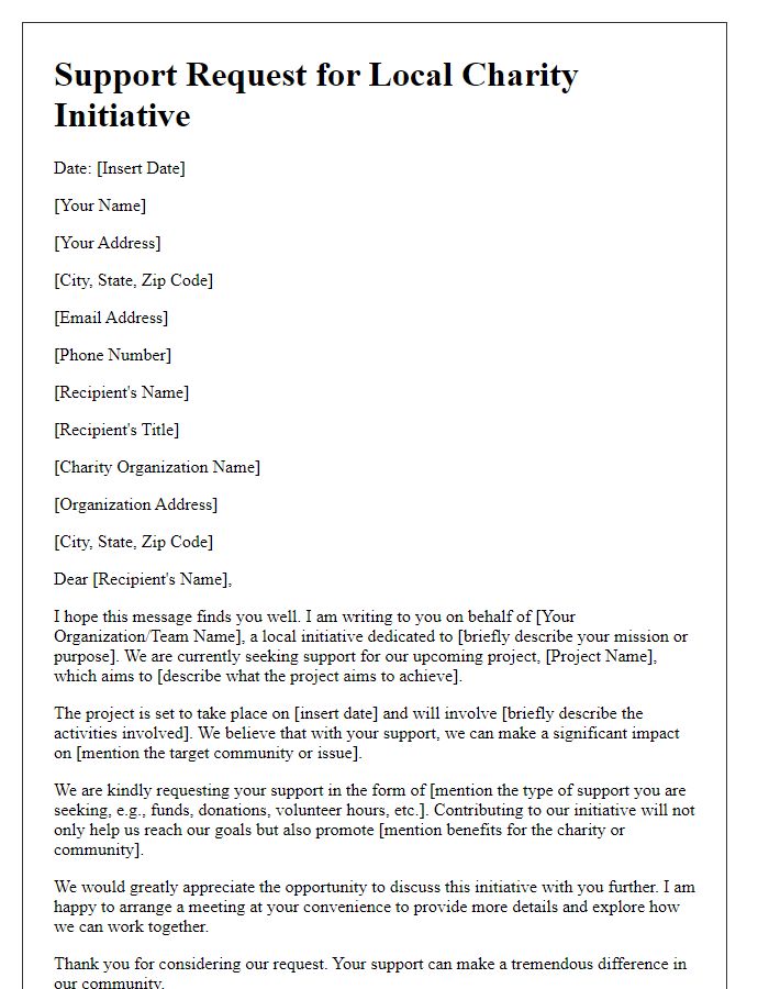 Letter template of support request for local charity initiative.