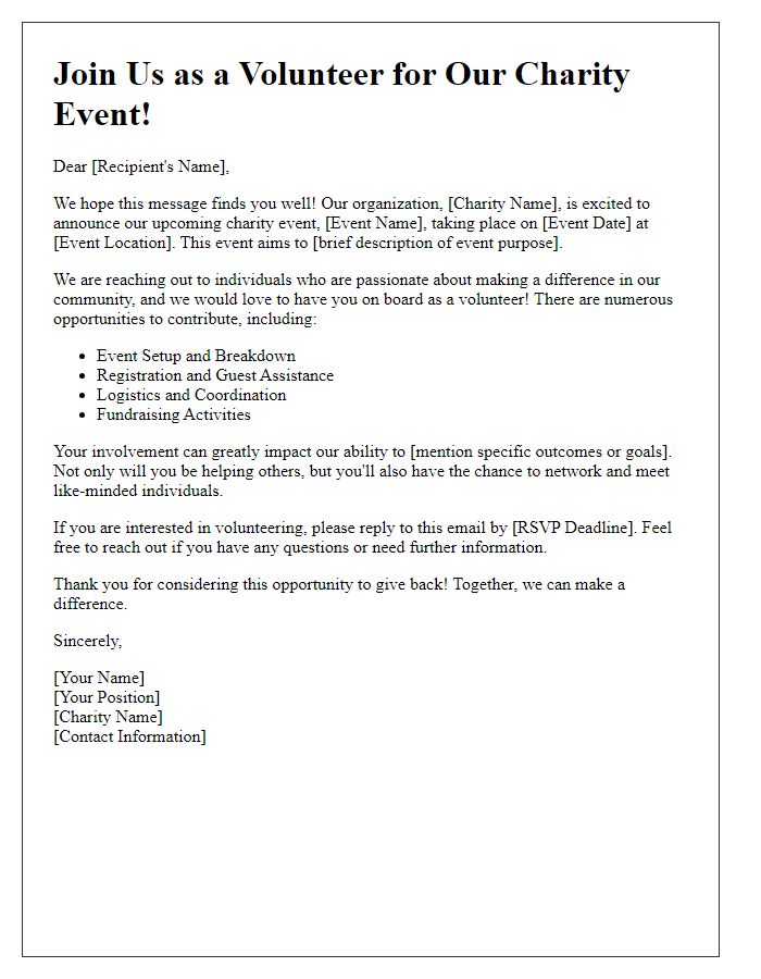 Letter template of volunteer recruitment for charity event.