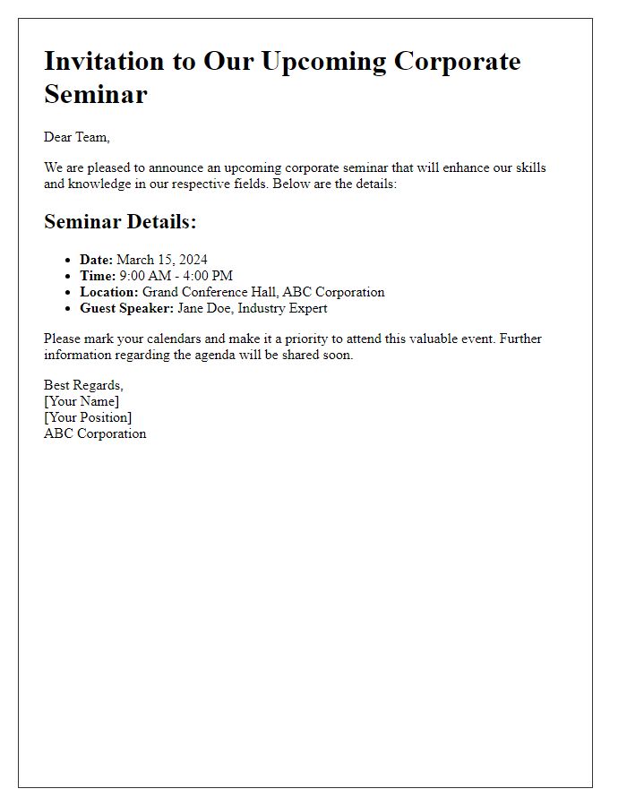 Letter template of announcement for corporate seminar details