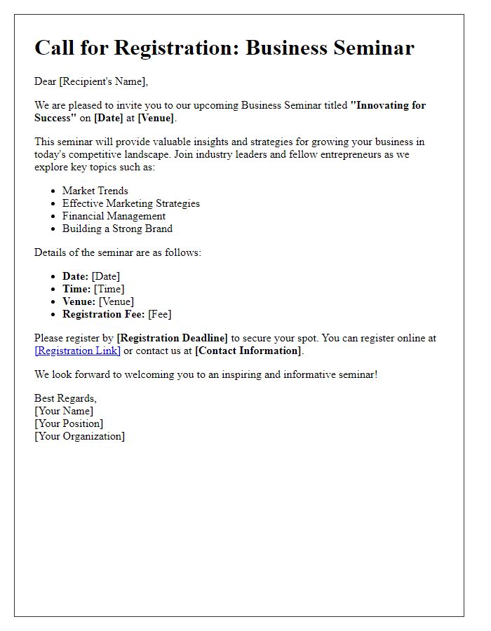 Letter template of call for registration to business seminar