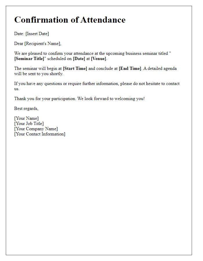 Letter template of confirmation for business seminar attendance