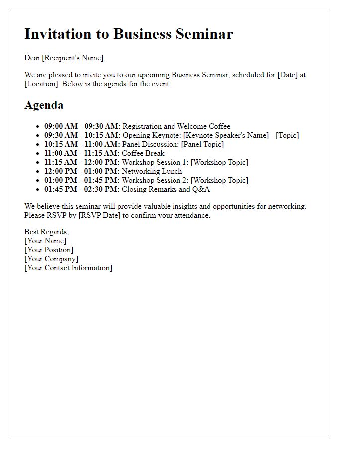 Letter template of information regarding business seminar agenda