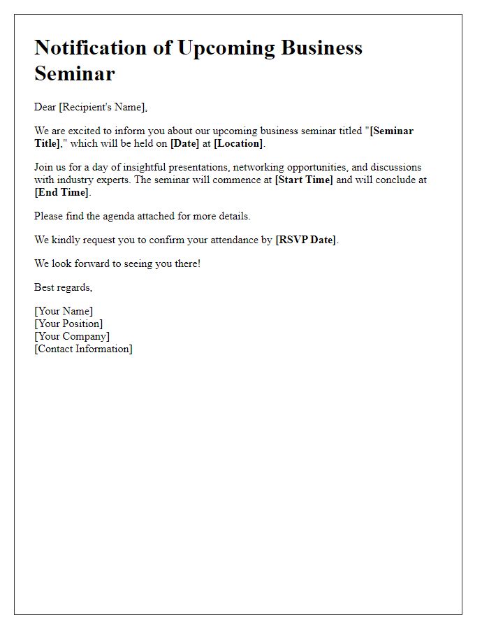 Letter template of notification for upcoming business seminar