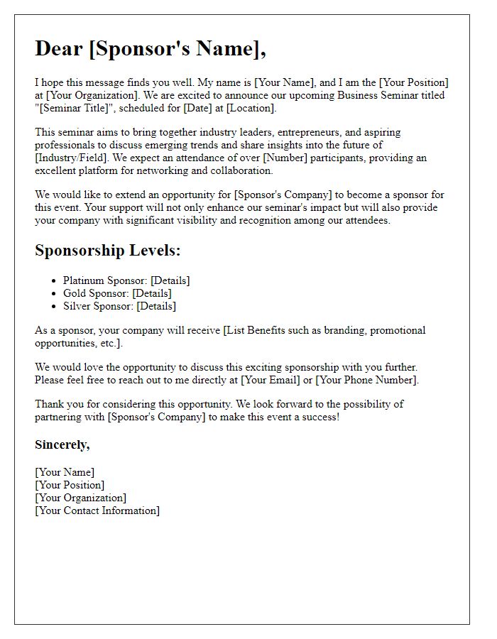 Letter template of sponsorship opportunity for business seminar