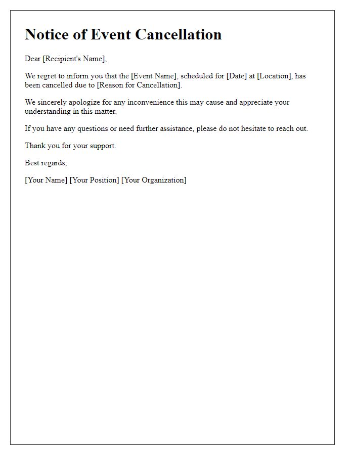 Letter template of last-minute event cancellation announcement