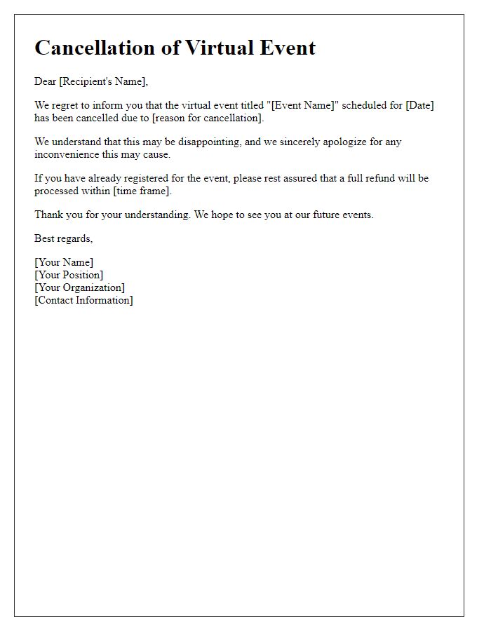 Letter template of virtual event cancellation email