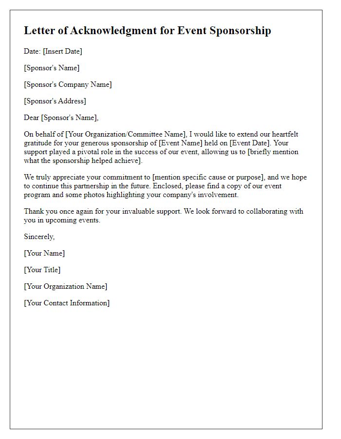 Letter template of acknowledgment for event sponsorship