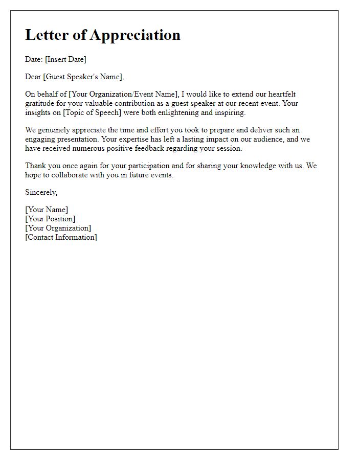 Letter template of appreciation for guest speakers at the event