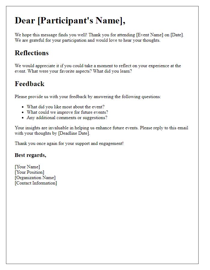 Letter template of post-event reflections and feedback collection.