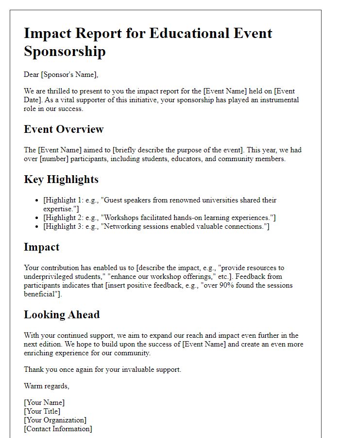 Letter template of impact report for educational event sponsorship