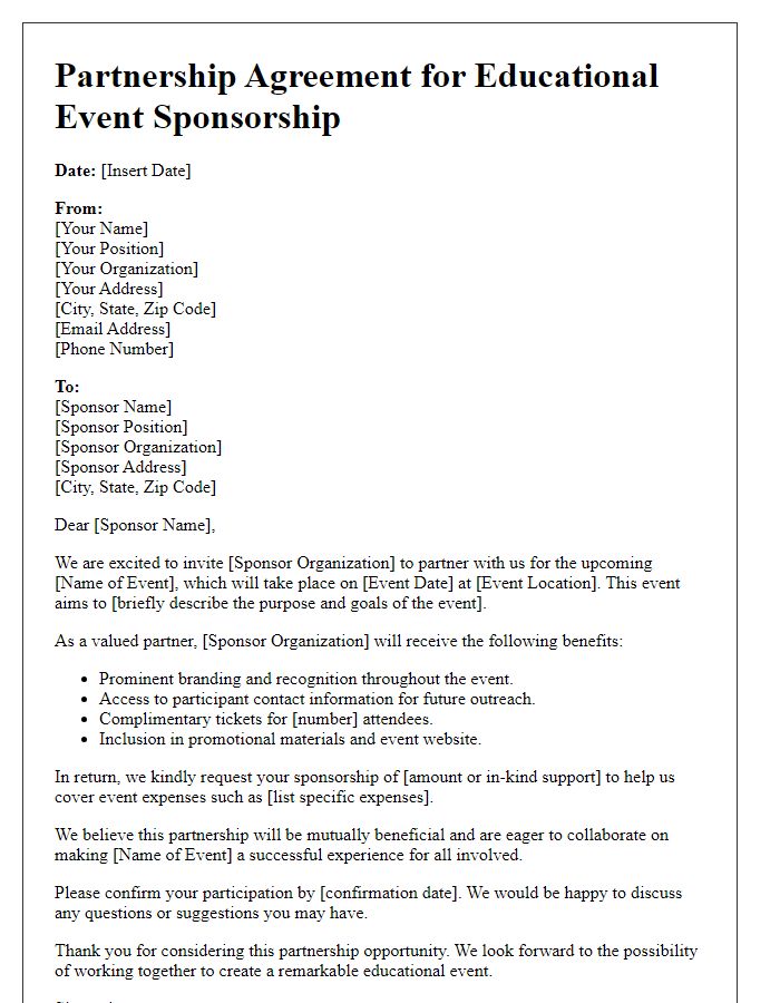 Letter template of partnership agreement for educational event sponsorship