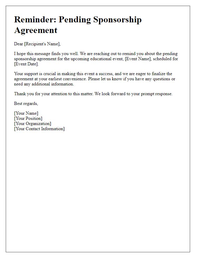 Letter template of reminder for pending educational event sponsorship agreement