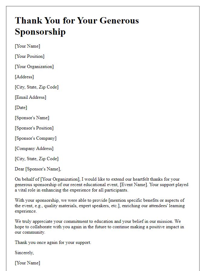 Letter template of thank you for educational event sponsorship