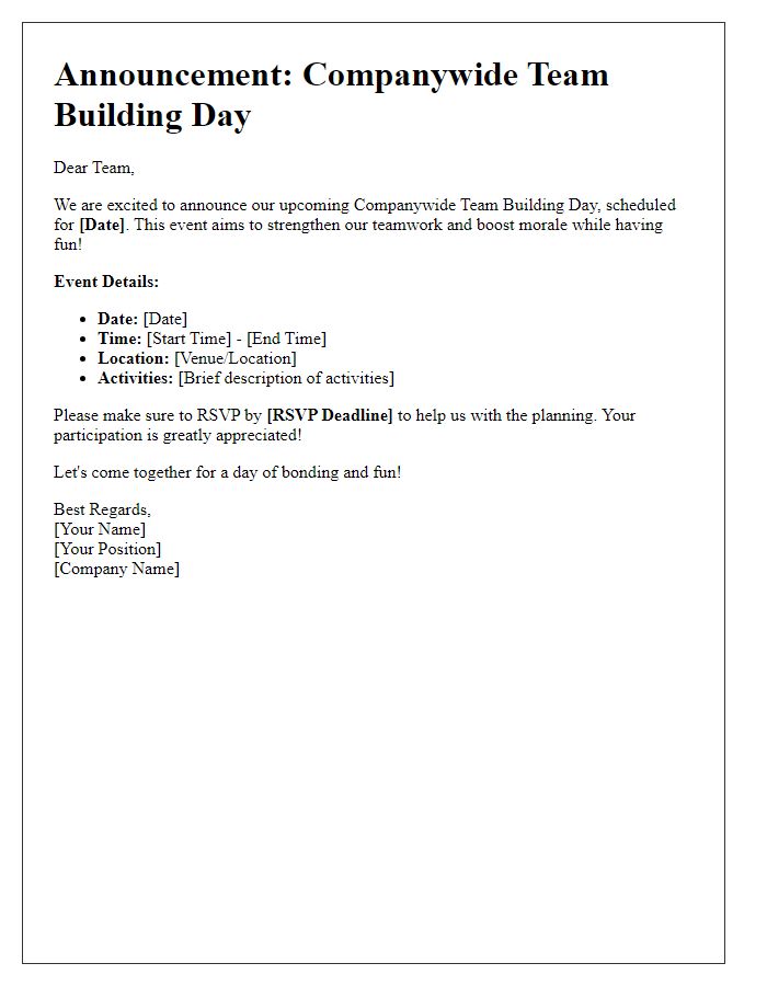 Letter template of Announcement for Companywide Team Building Day