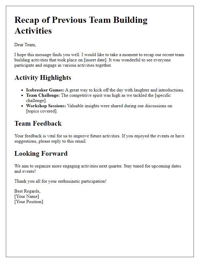 Letter template of Recap for Previous Team Building Activities