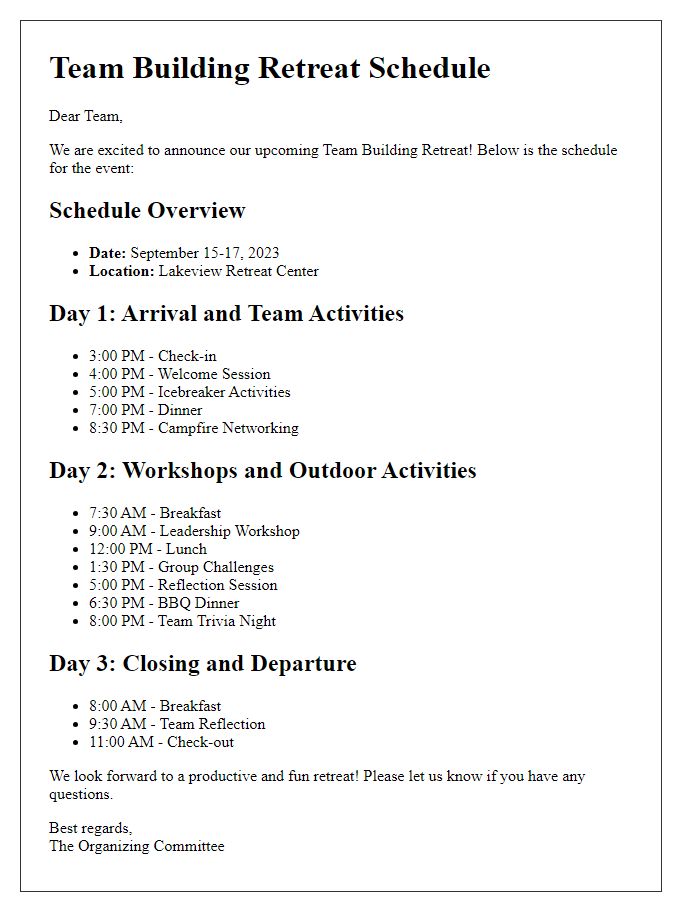 Letter template of Schedule for Team Building Retreat