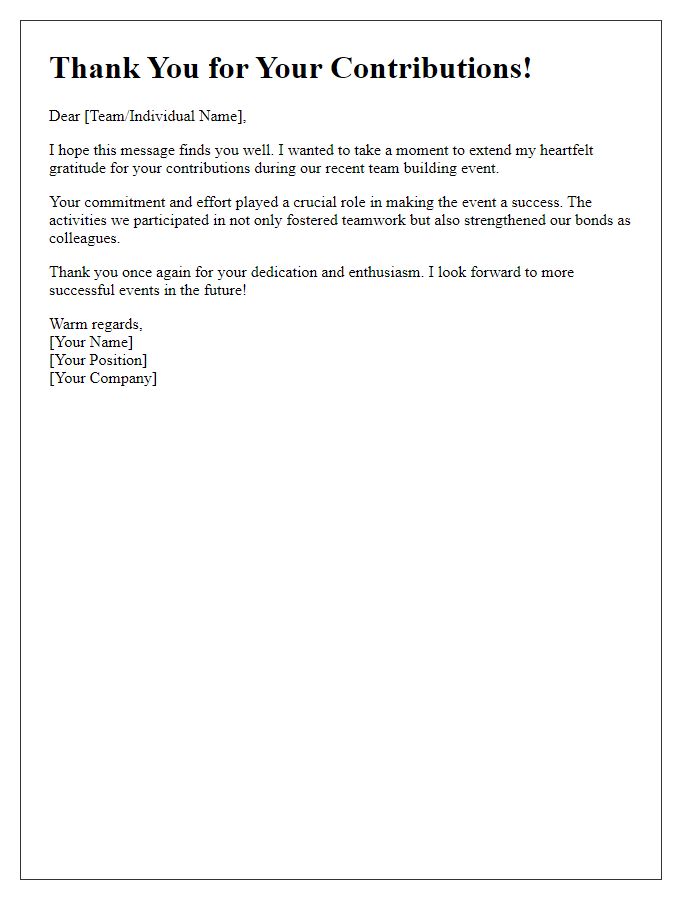 Letter template of Thank You for Team Building Event Contributions