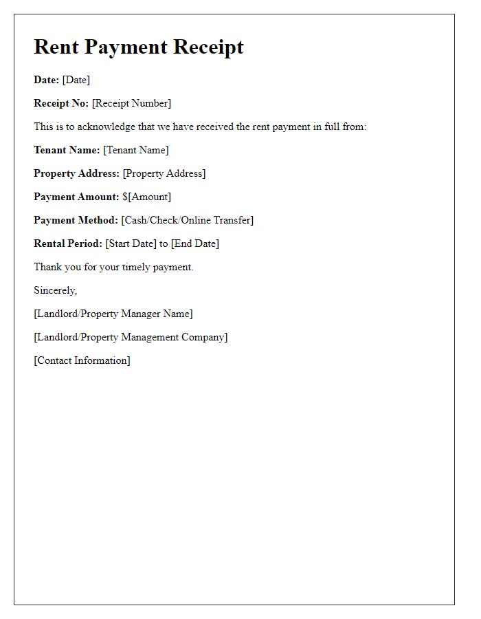 Letter template of Rent Payment Receipt for Tenant