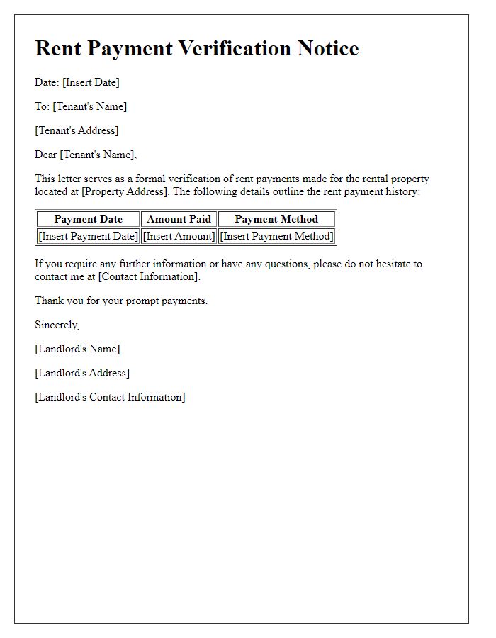 Letter template of Rent Payment Verification Notice