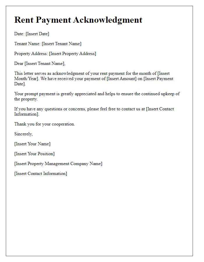 Letter template of Tenant Rent Payment Acknowledgment