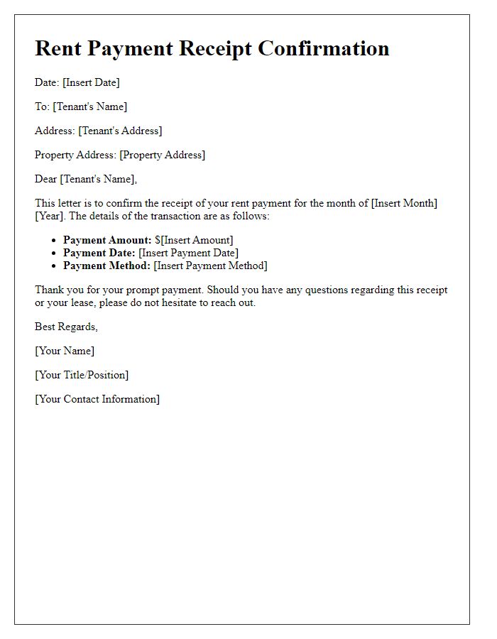 Letter template of Tenant Rent Payment Receipt Confirmation