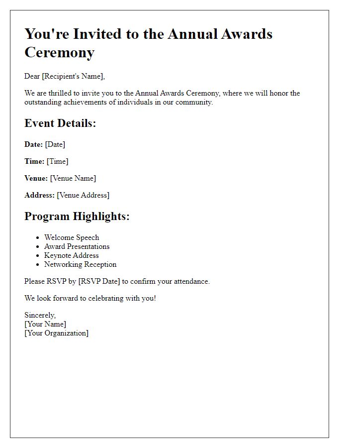 Letter template of awards ceremony details