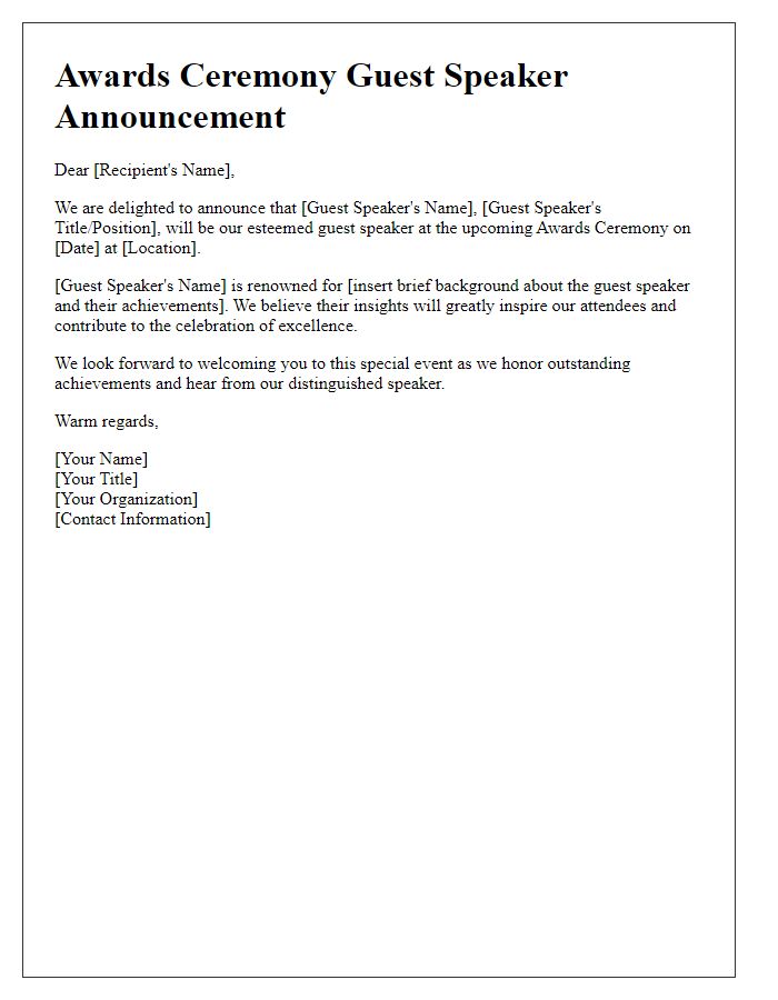 Letter template of awards ceremony guest speaker announcement