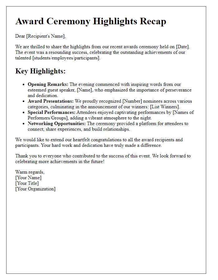 Letter template of awards ceremony highlights recap