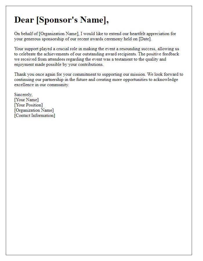 Letter template of awards ceremony sponsorship appreciation