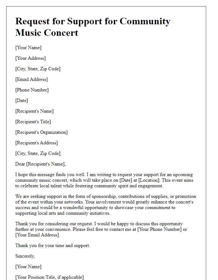 Letter template of requesting support for community music concert