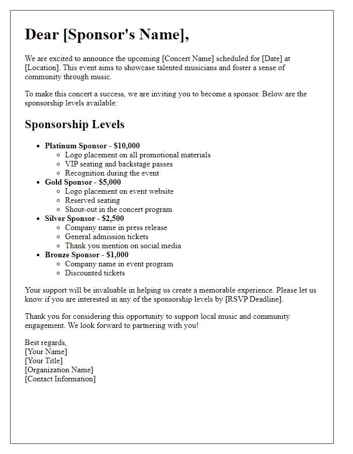 Letter template of sponsorship levels for music concert