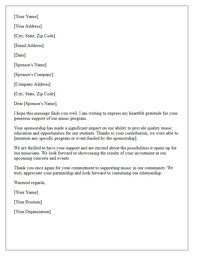 Letter template of thank you note for music sponsorship support